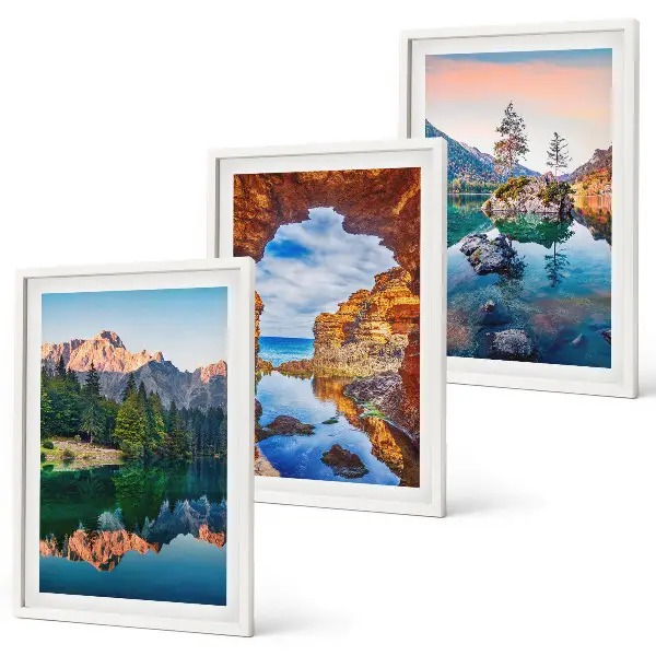 3er-Set Bilder mit Rahmen mit Motiv Spiegelungen der Felsen in Bergseen