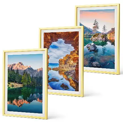 3er-Set Bilder mit Rahmen mit Motiv Spiegelungen der Felsen in Bergseen