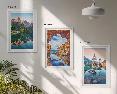 3er-Set Bilder mit Rahmen mit Motiv Spiegelungen der Felsen in Bergseen
