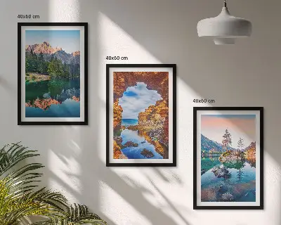3er-Set Bilder mit Rahmen mit Motiv Spiegelungen der Felsen in Bergseen