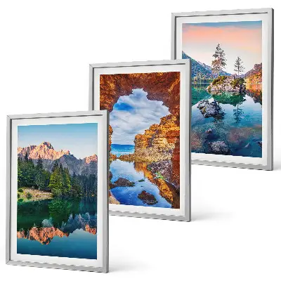 3er-Set Bilder mit Rahmen mit Motiv Spiegelungen der Felsen in Bergseen