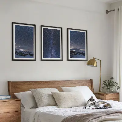 3er-Set Bilder mit Rahmen Nachthimmel mit Bergen und Sternen