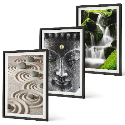 3er-Set Bilder mit Rahmen Motiv Der Frieden der Steine des Buddha Zen-Wasserfalls