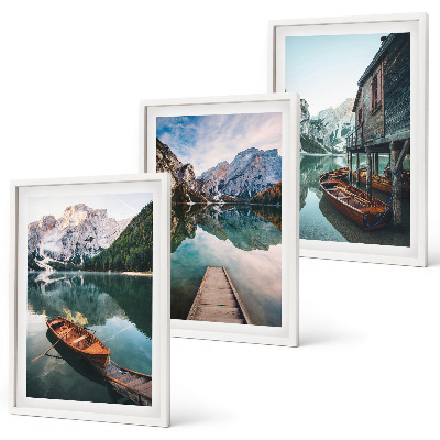 Gerahmtes bilderset See, Berge, Boote, Ferienhaus