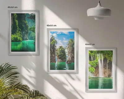 Gerahmtes Bilderset mit grünen Landschaften und Wasserfällen