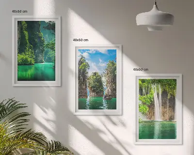 Gerahmtes Bilderset mit grünen Landschaften und Wasserfällen