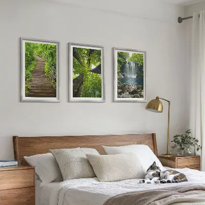3er-Set Bilder mit Rahmen mit Motiv Wald Pfad und Wasserfall