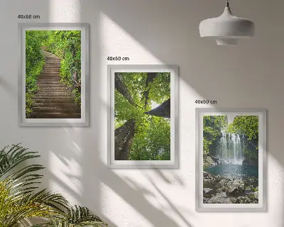 3er-Set Bilder mit Rahmen mit Motiv Wald Pfad und Wasserfall