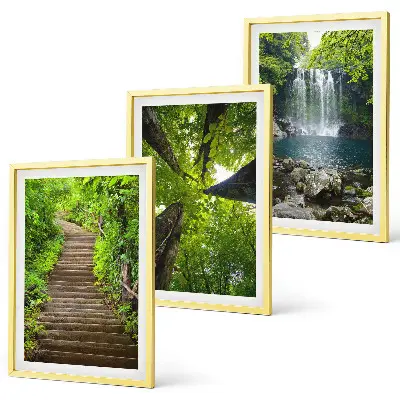 3er-Set Bilder mit Rahmen mit Motiv Wald Pfad und Wasserfall