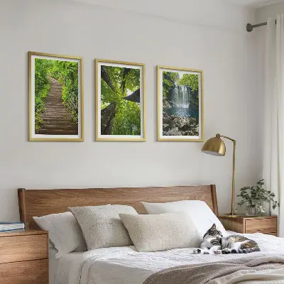 3er-Set Bilder mit Rahmen mit Motiv Wald Pfad und Wasserfall