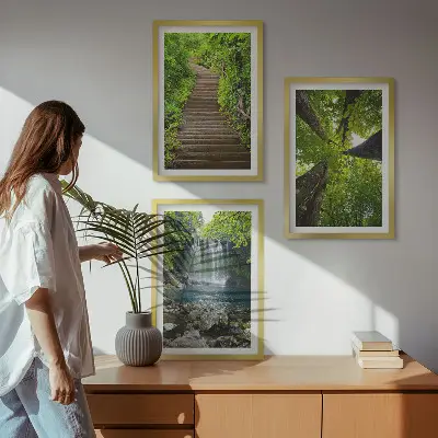 3er-Set Bilder mit Rahmen mit Motiv Wald Pfad und Wasserfall