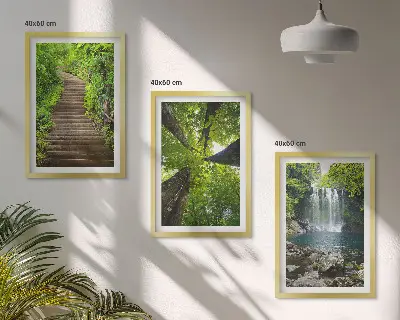 3er-Set Bilder mit Rahmen mit Motiv Wald Pfad und Wasserfall