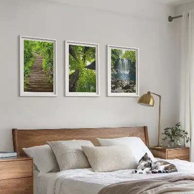 3er-Set Bilder mit Rahmen mit Motiv Wald Pfad und Wasserfall