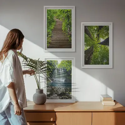 3er-Set Bilder mit Rahmen mit Motiv Wald Pfad und Wasserfall