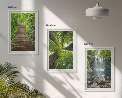 3er-Set Bilder mit Rahmen mit Motiv Wald Pfad und Wasserfall