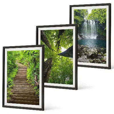 3er-Set Bilder mit Rahmen mit Motiv Wald Pfad und Wasserfall