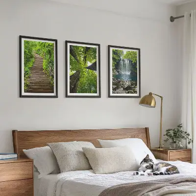 3er-Set Bilder mit Rahmen mit Motiv Wald Pfad und Wasserfall