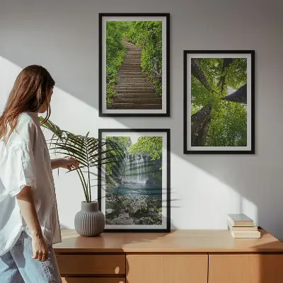 3er-Set Bilder mit Rahmen mit Motiv Wald Pfad und Wasserfall