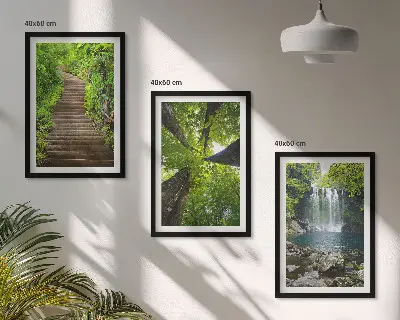 3er-Set Bilder mit Rahmen mit Motiv Wald Pfad und Wasserfall