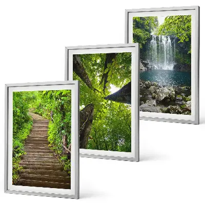 3er-Set Bilder mit Rahmen mit Motiv Wald Pfad und Wasserfall