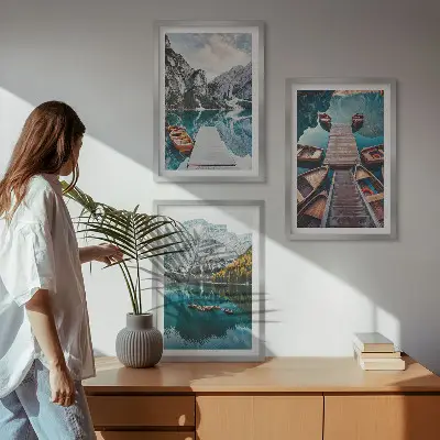 Bilderset mit Rahmen, 3-teilig Motiv „See, Brücken, Berge“