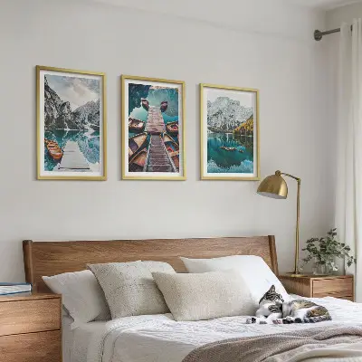 Bilderset mit Rahmen, 3-teilig Motiv „See, Brücken, Berge“