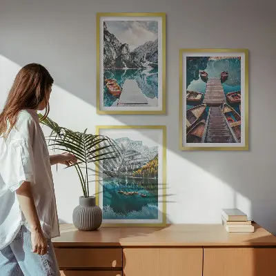 Bilderset mit Rahmen, 3-teilig Motiv „See, Brücken, Berge“