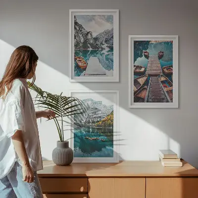 Bilderset mit Rahmen, 3-teilig Motiv „See, Brücken, Berge“