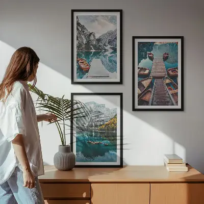 Bilderset mit Rahmen, 3-teilig Motiv „See, Brücken, Berge“