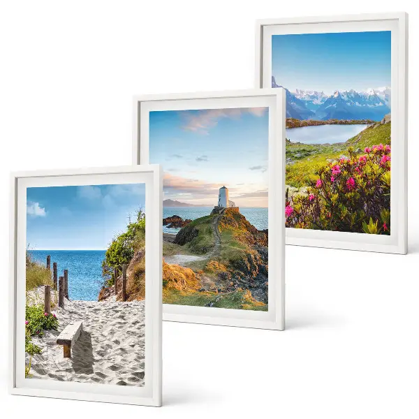 3er-Set Bilder mit Rahmen mit Motiven von Strand, Leuchtturm, Bergen und Blumen