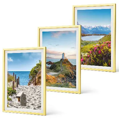 3er-Set Bilder mit Rahmen mit Motiven von Strand, Leuchtturm, Bergen und Blumen