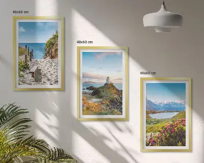 3er-Set Bilder mit Rahmen mit Motiven von Strand, Leuchtturm, Bergen und Blumen