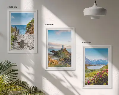 3er-Set Bilder mit Rahmen mit Motiven von Strand, Leuchtturm, Bergen und Blumen