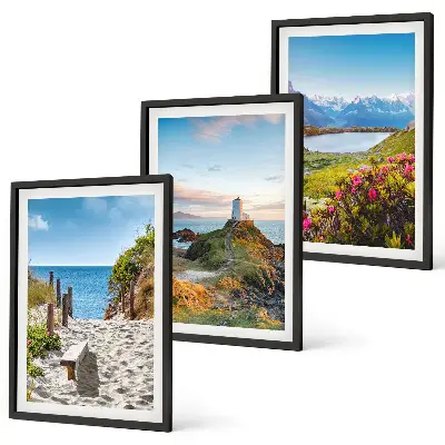 3er-Set Bilder mit Rahmen mit Motiven von Strand, Leuchtturm, Bergen und Blumen