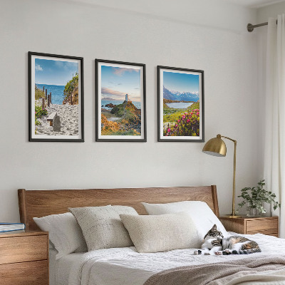 Bilder-3er-set mit rahmen Strand, Leuchtturm, Berge, Blumen