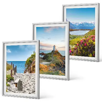 3er-Set Bilder mit Rahmen mit Motiven von Strand, Leuchtturm, Bergen und Blumen