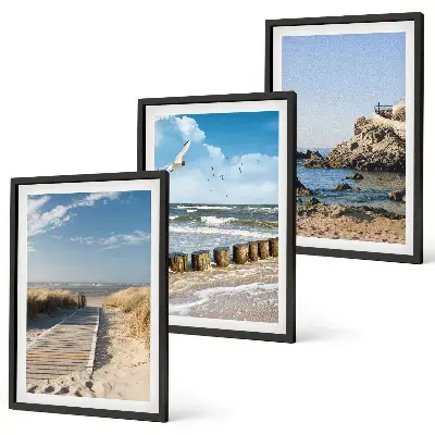 Gerahmtes Bilderset Strand mit Holzsteg und Klippen