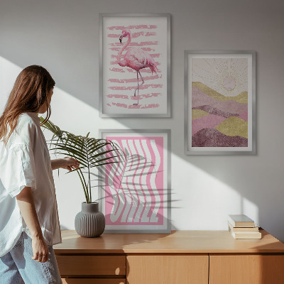 Bilder-3er-set mit rahmen Pastelllandschaft mit rosa Flamingos