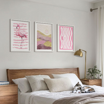 Bilder-3er-set mit rahmen Pastelllandschaft mit rosa Flamingos