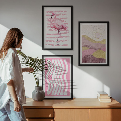 Bilder-3er-set mit rahmen Pastelllandschaft mit rosa Flamingos