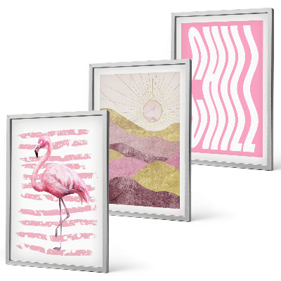Bilder-3er-set mit rahmen Pastelllandschaft mit rosa Flamingos
