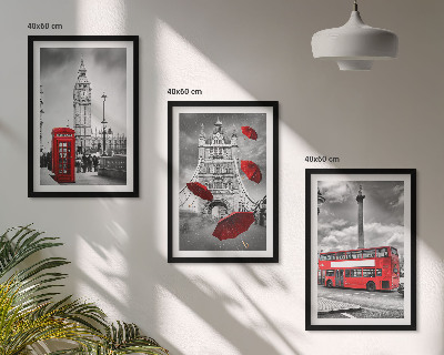 Gerahmtes bilderset Roter Regenschirmstand und Londoner Bus