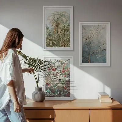 3er-Set Bilder mit Rahmen mit tropischen Pflanzen, Vögeln und Naturmotiven