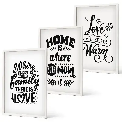 Bilder-3er-Set mit Rahmen Familie, Liebe, Zuhause und Wärme