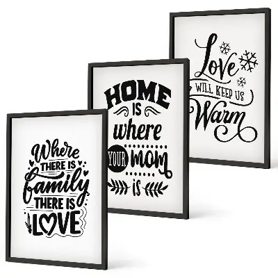 Bilder-3er-Set mit Rahmen Familie, Liebe, Zuhause und Wärme