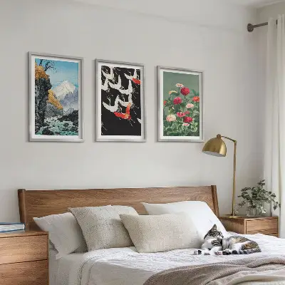 Gerahmtes Bilderset mit Motiven von Bergen Wasserfällen Vögeln und Blumen