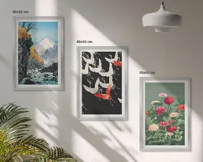 Gerahmtes Bilderset mit Motiven von Bergen Wasserfällen Vögeln und Blumen