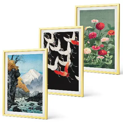 Gerahmtes Bilderset mit Motiven von Bergen Wasserfällen Vögeln und Blumen