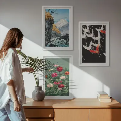 Gerahmtes Bilderset mit Motiven von Bergen Wasserfällen Vögeln und Blumen