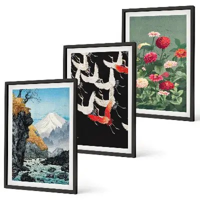 Gerahmtes Bilderset mit Motiven von Bergen Wasserfällen Vögeln und Blumen